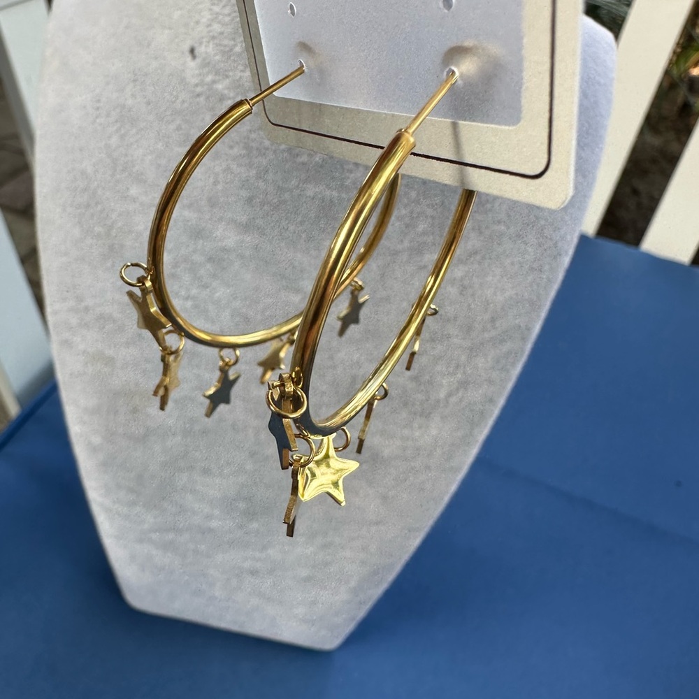 New Stainless Steel Gold Star Hoop Earrings - Picture 8 of 11